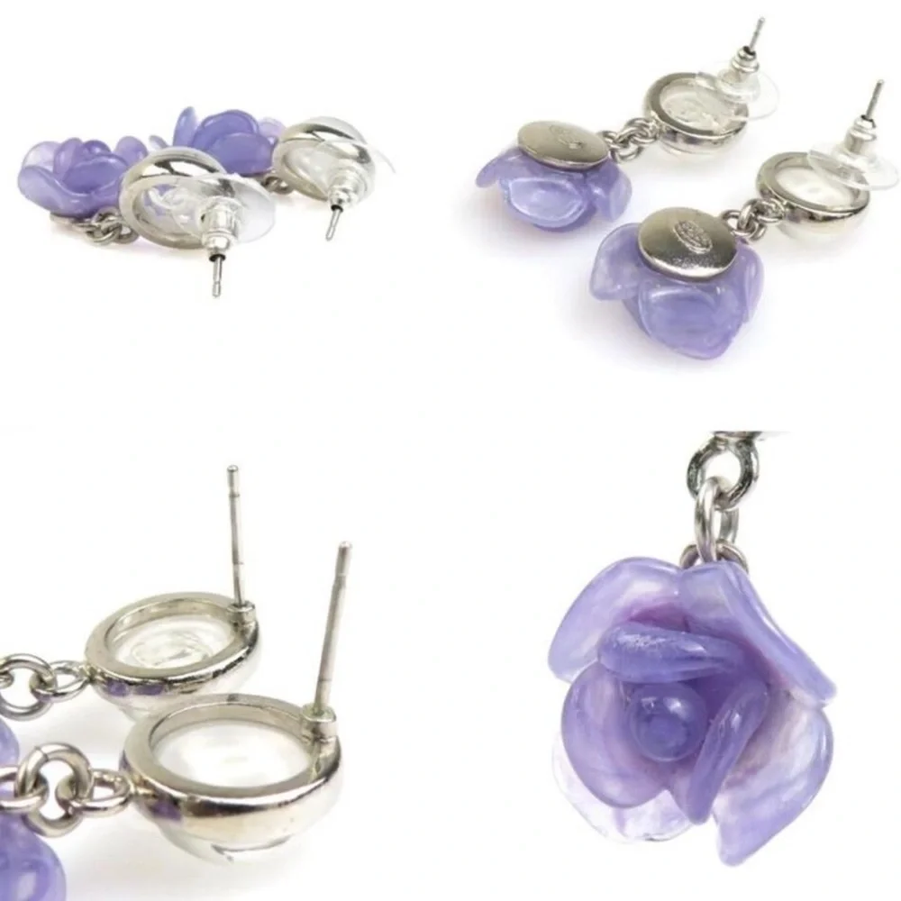 Chanel Purple Camellia Flower Silver Studded Earring Set with Box - Picture 15 of 15